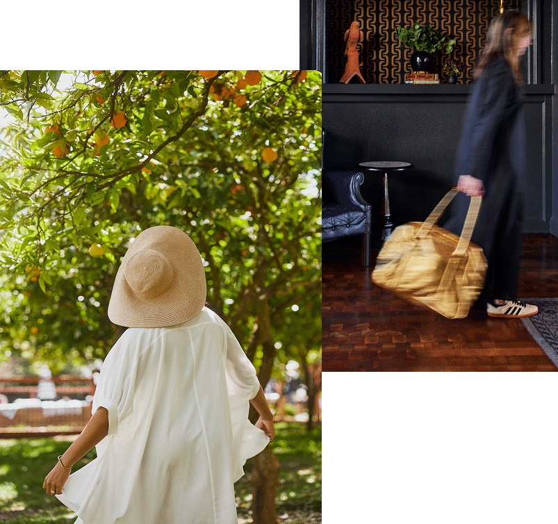 Woman in citrus grove collage with a woman checking into a hotel
